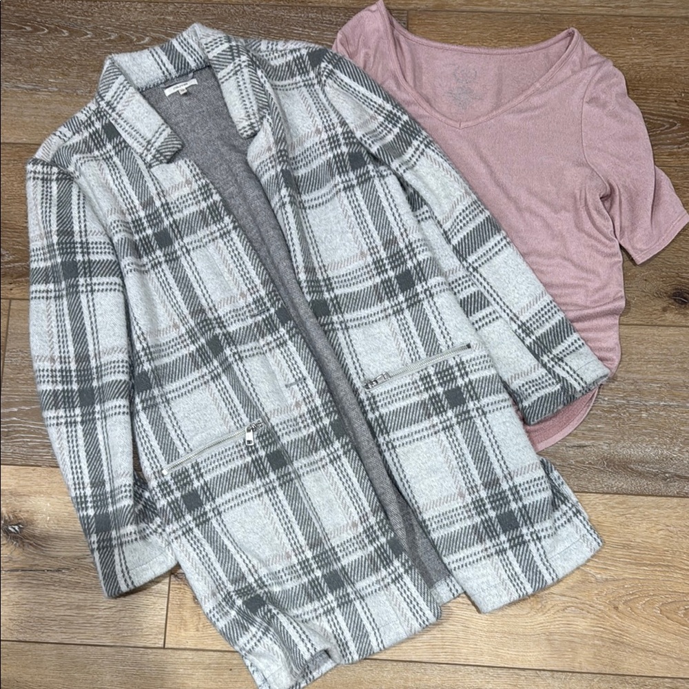 Plaid Gray and White Coat with Pink Top